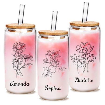 Mason Life Personalisierte Glas mit Namen & Geburtsblume – 530ml Dosen-Glas mit Deckel & Strohhalm – Eiskaffee Becher, Geschenk für Mama, Muttertag Geschenk